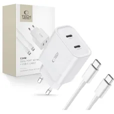 Tech-Protect C20W 2x USB-C PD 20W hálózati töltő USB-C / USB-C kábellel - fehér