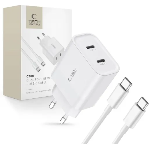 Tech-Protect C20W 2x USB-C PD 20W hálózati töltő USB-C / USB-C kábellel - fehér