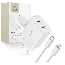 Tech-Protect C20W 2x USB-C PD 20W hálózati töltő Lightning / USB-C kábellel - fehér