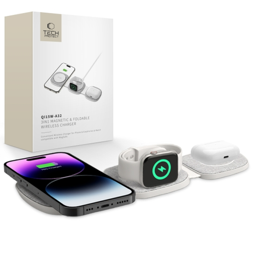 Tech-Protect QI15W-A32 3v1 indukčná nabíjačka s funkciou MagSafe pre smartfón / Apple Watch / AirPods - sivá
