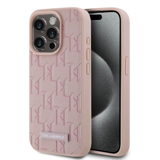 Karl Lagerfeld PU Bőr Monogram Fém Logó MagSafe Tok iPhone 15 Pro Pink