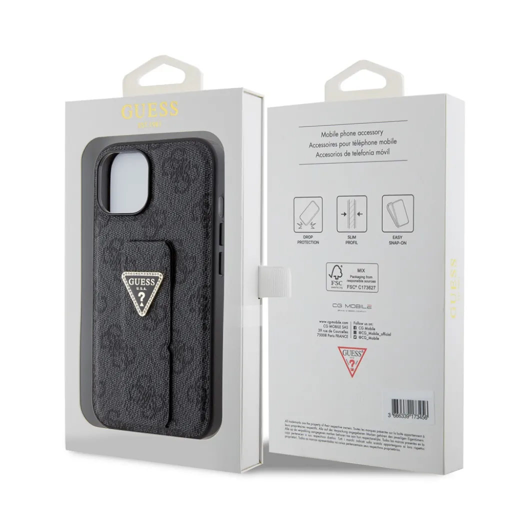Guess PU Grip Stand 4G Strass Triangle Metal Logo tok iPhone 15-höz Fekete - 7