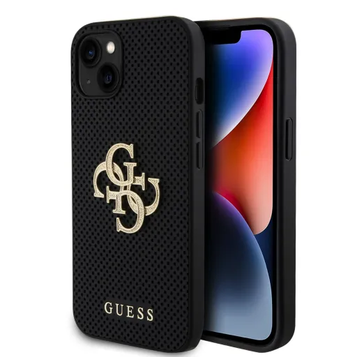 Guess PU Perforated 4G Glitter Metal Logo tok iPhone 15 fekete