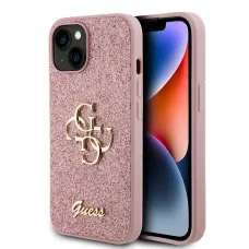 Guess PU Fixed Glitter 4G Metal Logo tok iPhone 13 Pink