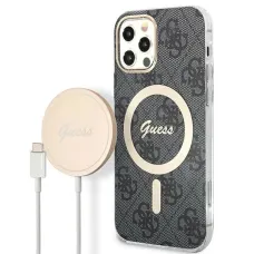 Guess GUBPP12MH4EACSK Készlet: Tok és Töltő iPhone 12/12 Pro fekete/fekete kemény tok 4G Print MagSafe