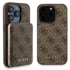 Guess 4G Fém Logós tok szett iPhone 15 Pro-hoz + 5000mAh MagSafe power bank - barna tok