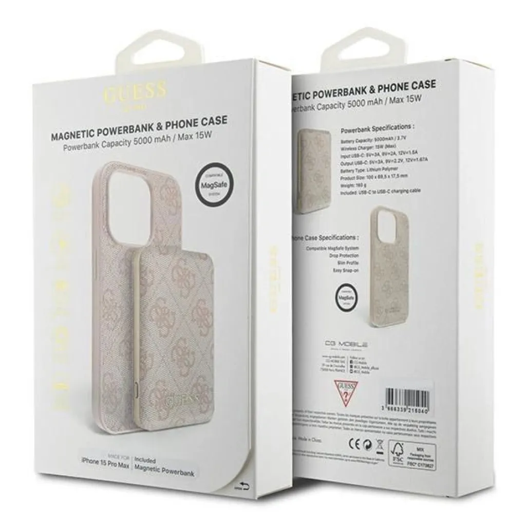Guess 4G Metal Logo tok iPhone 15 Pro Max-hoz + 5000mAh MagSafe power bank - rózsaszín - 11