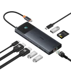 HUB 10 az 1-ben Baseus Metal Gleam Series USB-C to USB-C PD / USB-C / 3x USB-A / 2x HDMI / RJ-45 / SD / TF - fekete