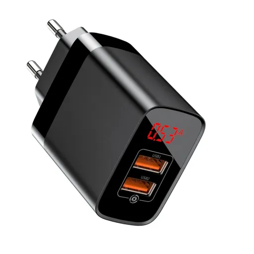 Baseus Mirror Lake Travel hálózati USB töltő adapter digitális kijelzővel gyorstöltő 2x USB 3.0 18W fekete (CCJMHA-A01)