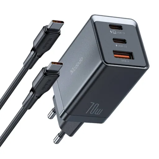 GaN Mcdodo CH-1543 hálózati töltő, 2x USB-C, 1x USB, 67W + USB-C - USB-C 2m kábel (fekete)