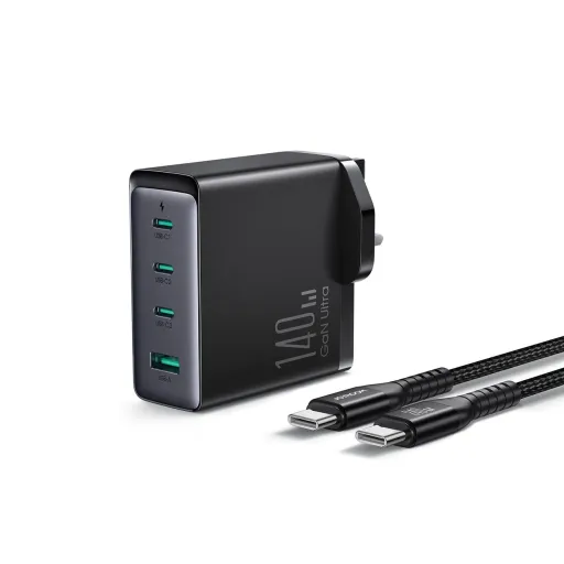 GaN töltő UK Joyroom JR-TCG05UK 140W 3x USB-C USB-A + USB-C / USB-C kábel 240W 1,2m