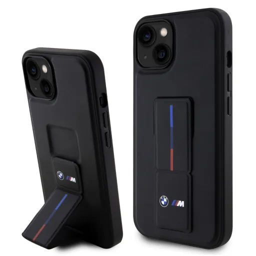 BMW M Collection PU Grip Stand Tricolor Line iPhone 15 tok Fekete BMW M Collection PU Grip Stand Tricolor Line iPhone 15 tok Fekete