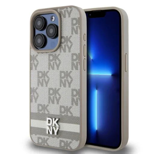 DKNY PU Bőrből Készült Kockás és Csíkos Mintájú Tok iPhone 13 Pro-hoz Bézs