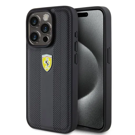 Ferrari PU bőr Hot Stamp Groove mintázatú tok iPhone 15 Pro fekete Ferrari PU bőr Hot Stamp Groove mintázatú tok iPhone 15 Pro fekete