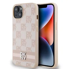 DKNY PU bőrből készült, kockás mintájú és csíkos iPhone 15 tok rózsaszín