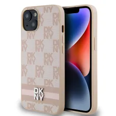 DKNY PU Bőr Kockás Minta és Csíkos iPhone 13 Tok Rózsaszín