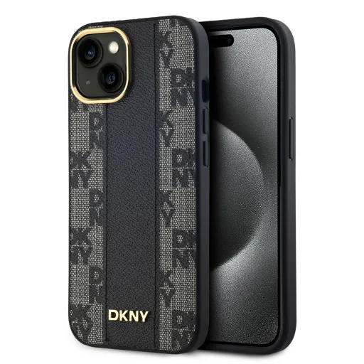 DKNY PU Bőr Kockás Minta Magsafe iPhone 15 tok Fekete