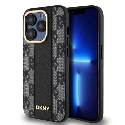 DKNY PU bőr kockás mintás Magsafe tok iPhone 15 Pro fekete