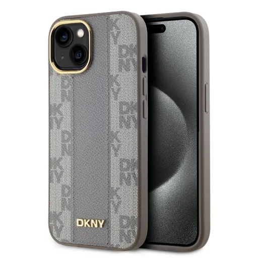 DKNY PU bőr sakktábla mintás Magsafe tok iPhone 15-hez bézs