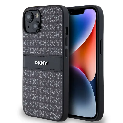 DKNY PU bőr ismétlődő mintás tonal stripe iPhone 14 tok fekete