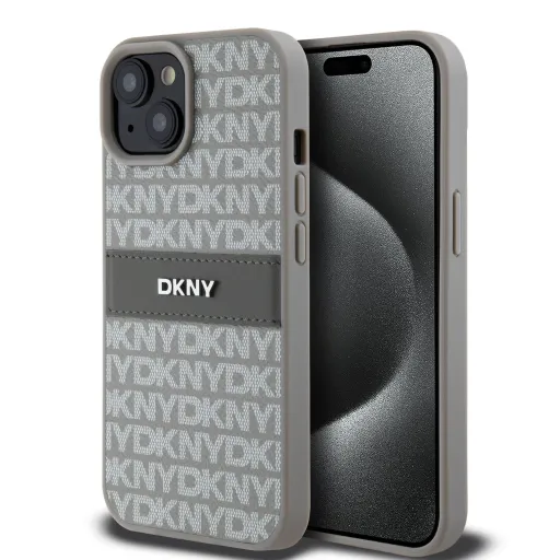 DKNY PU bőr ismétlődő minta tónusú csíkos tok iPhone 15 Bézs