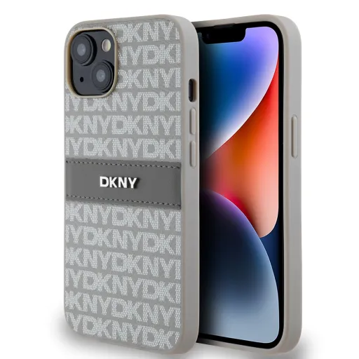 DKNY PU Bőr Ismétlődő Minta Tonális Csík Tok iPhone 14 Bézs