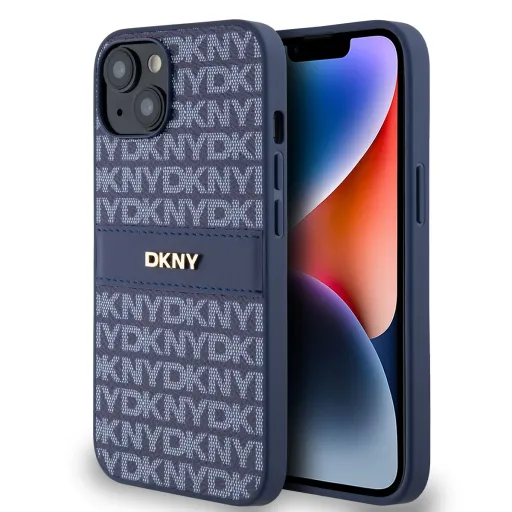 DKNY PU Leather Repeat Pattern Tonal Stripe iPhone 14 tok kék