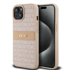 DKNY PU bőr ismétlődő minta tónusos csík iPhone 15 tok rózsaszín