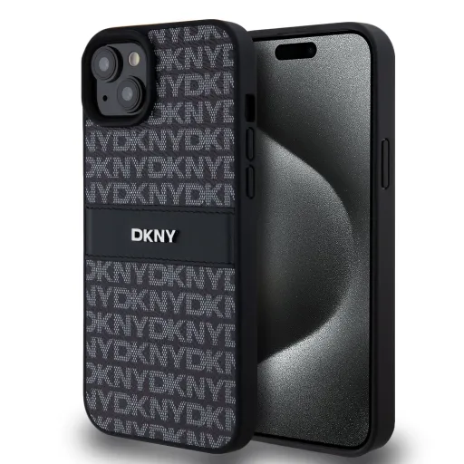 DKNY PU Leather Repeat Pattern Tonal Stripe tok iPhone 15 Plus fekete