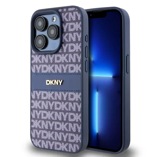 DKNY PU bőr ismétlődő mintás tónusos csíkos tok iPhone 14 Pro Max kék