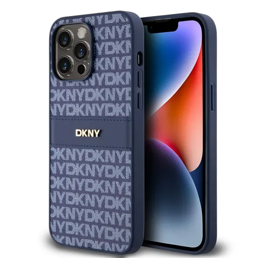 DKNY minta ismétléses tónusos csíkozású PU bőrtok iPhone 14 Pro-hoz kék tok