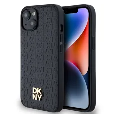 DKNY PU Bőr Ismétlődő Minta Stack Logó MagSafe iPhone 14 tok Fekete