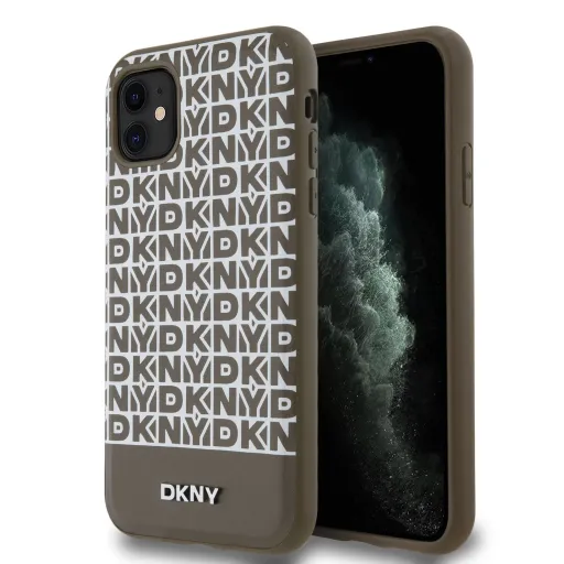 DKNY PU Bőr Ismétlődő Mintás Alsó Csíkos MagSafe tok iPhone 11 - Barna