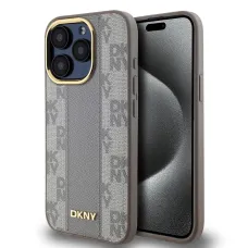 DKNY PU Bőr Kockás Minta Magsafe Tok iPhone 15 Pro Bézs