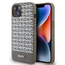 DKNY PU Bőr Ismétlődő Minta Alsó Csík MagSafe iPhone 13 tok Barna