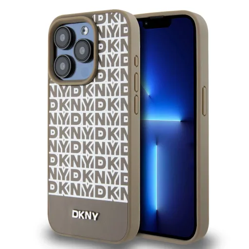 DKNY PU bőrből készült ismétlődő mintázatú alsó csíkos MagSafe tok iPhone 14 Pro Max-hoz barna