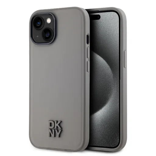 DKNY PU bőrből készült Stack Logo Magsafe iPhone 15 tok szürke