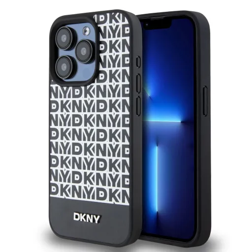 DKNY PU Bőr Ismétlődő Minta Aljú Csík MagSafe Tok iPhone 14 Pro Fekete