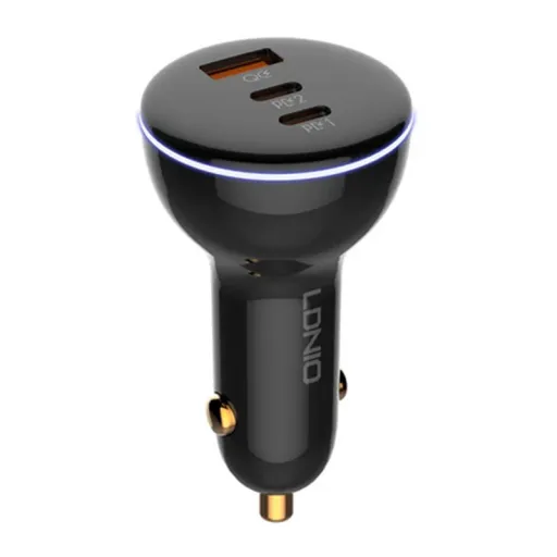 LDNIO C102 autós töltő, USB + 2x USB-C, 160W + USB-C- Lightning kábel (fekete)