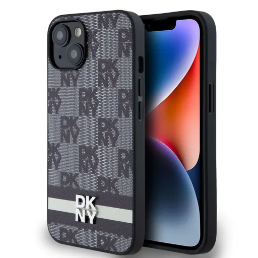 DKNY PU Leather Kockás Mintás és Csíkos iPhone 13 tok Fekete