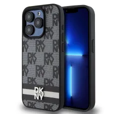 DKNY PU Bőr Kockás Minta és Csíkos tok iPhone 13 Pro Max Fekete