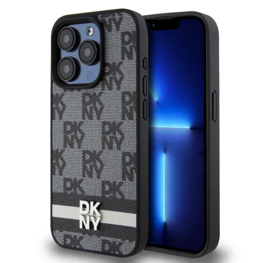 DKNY PU Bőr Kockás Minta és Csíkos tok iPhone 13 Pro Max Fekete