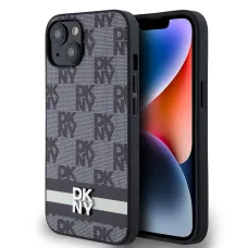 DKNY PU bőr kockás minta és csíkos tok iPhone 14 fekete