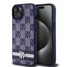 DKNY PU Bőr Kockás Minta és Csíkos iPhone 15 Tok Kék