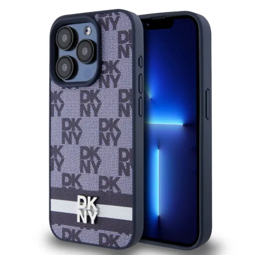 DKNY PU bőrből készült kockás mintás és csíkos tok iPhone 15 Pro Max-hoz kék