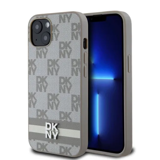 DKNY PU Bőr Kockás Minta és Csíkos iPhone 13 tok Bézs