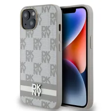 DKNY PU bőr kockás minta és csíkos tok iPhone 14 Beige