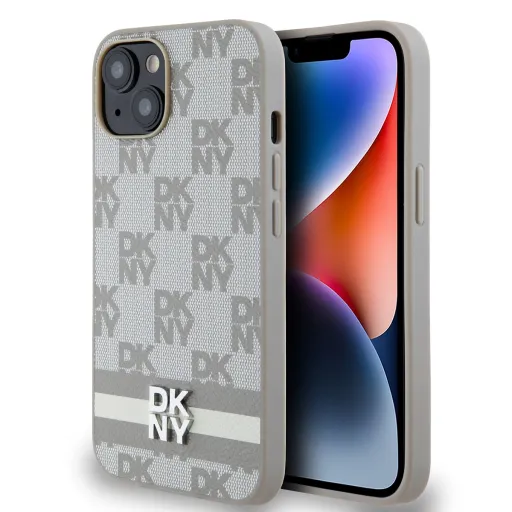 DKNY PU bőr kockás minta és csíkos tok iPhone 14 Beige