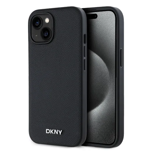 DKNY PU bőrből készült ezüst fém logós MagSafe tok iPhone 13 készülékekhez fekete színben tok