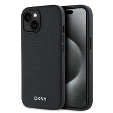 DKNY PU bőr ezüst fém logó MagSafe tok iPhone 14 fekete